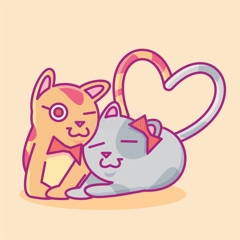 Cats In Love With Heart Shaped Tails. Vector Illustration, Icon