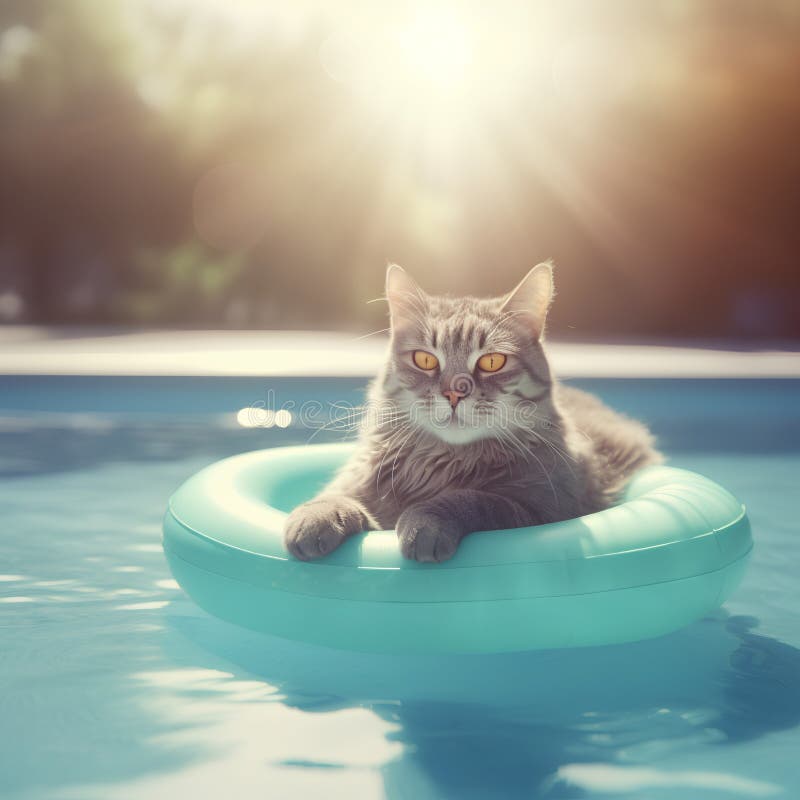 Cute Cat on Inflatable Ring in Swimming Pool, Toned Stock Illustration
