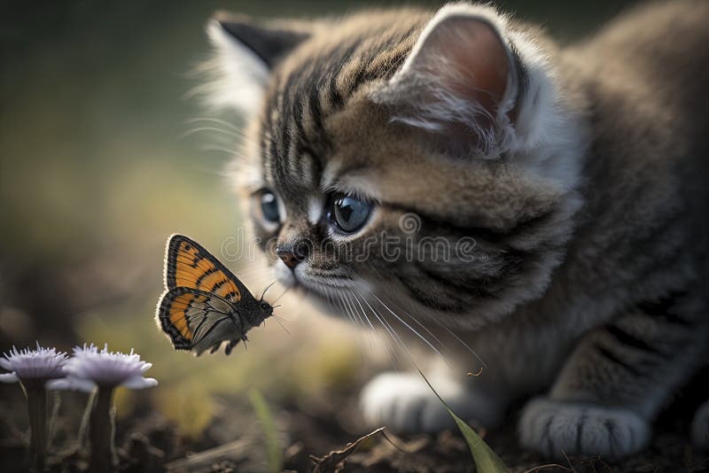 Cute Cat Playing with Butterfly Stock Illustration Illustration of