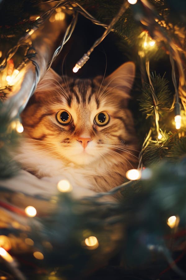 Cute Cat Playing Under Christmas Tree with Glitter Lights Stock