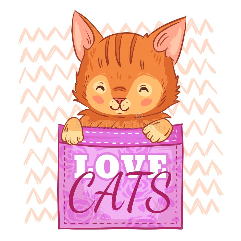 Cute cat in pocket. Love cats, pockets kitten and smiling cat cartoon vector illustration