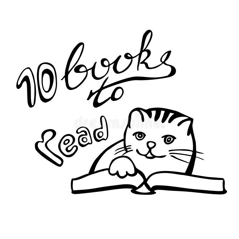 Cute Cat Reading A Book. 10 Books To Read - Lettering Image. Notebook