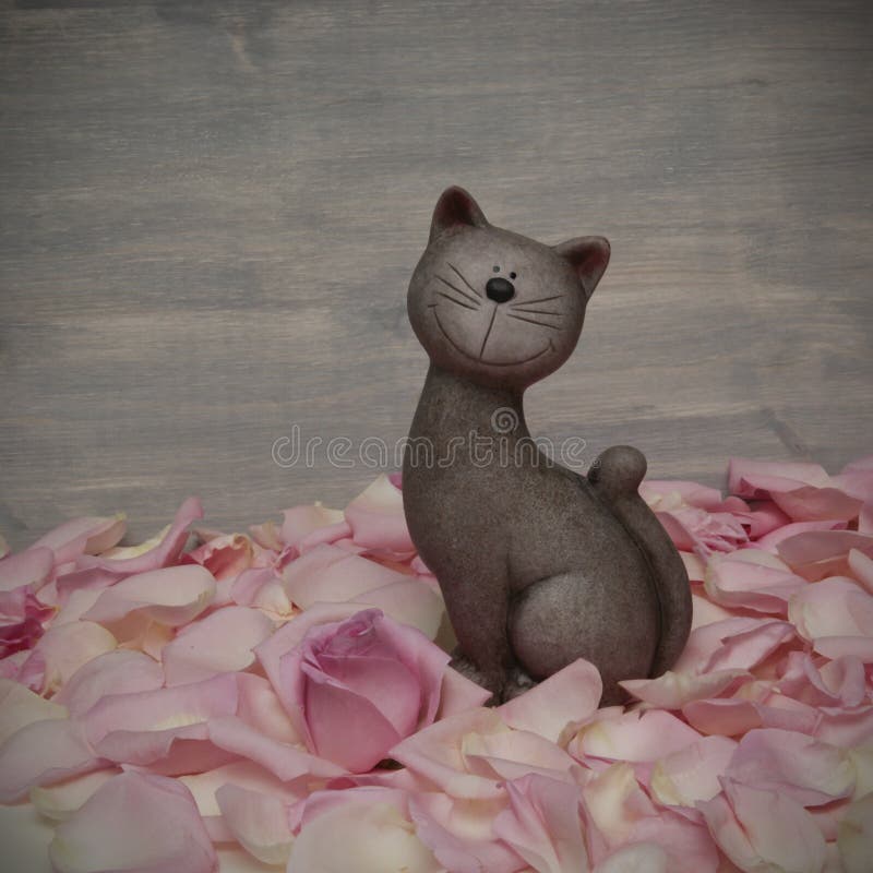 Cute Cat Among The Rose Petals Stock Image Image of figurine, shrub
