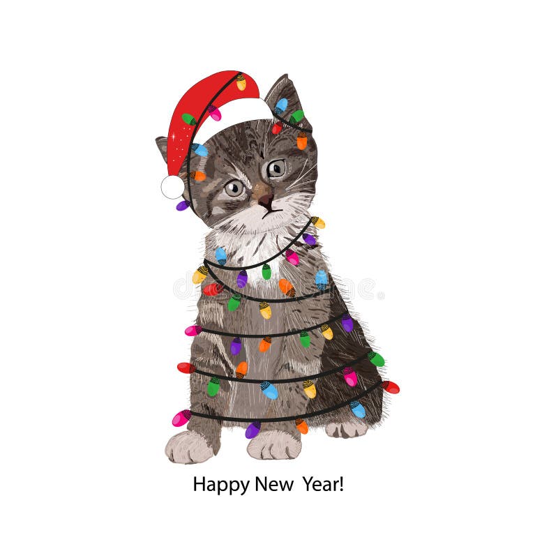Cute cat with Santa Claus hat and light bulb. Happy new year greeting card vector illustration