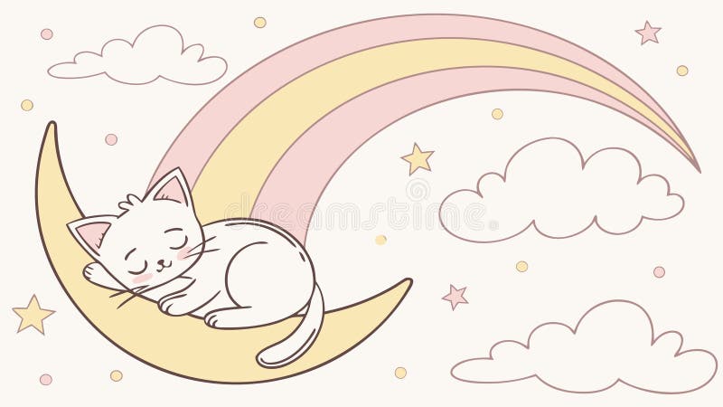 Cute Cat Sleeping on the Moon with a Rainbow and Stars, vector design Generative AI royalty free illustration