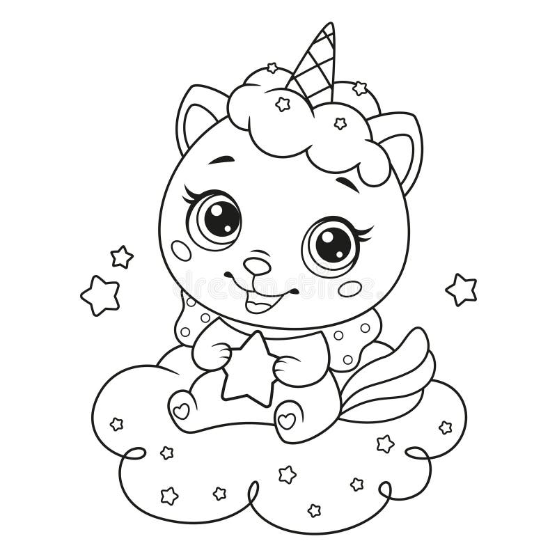 Baby cat unicorn with little star sitting on cloud