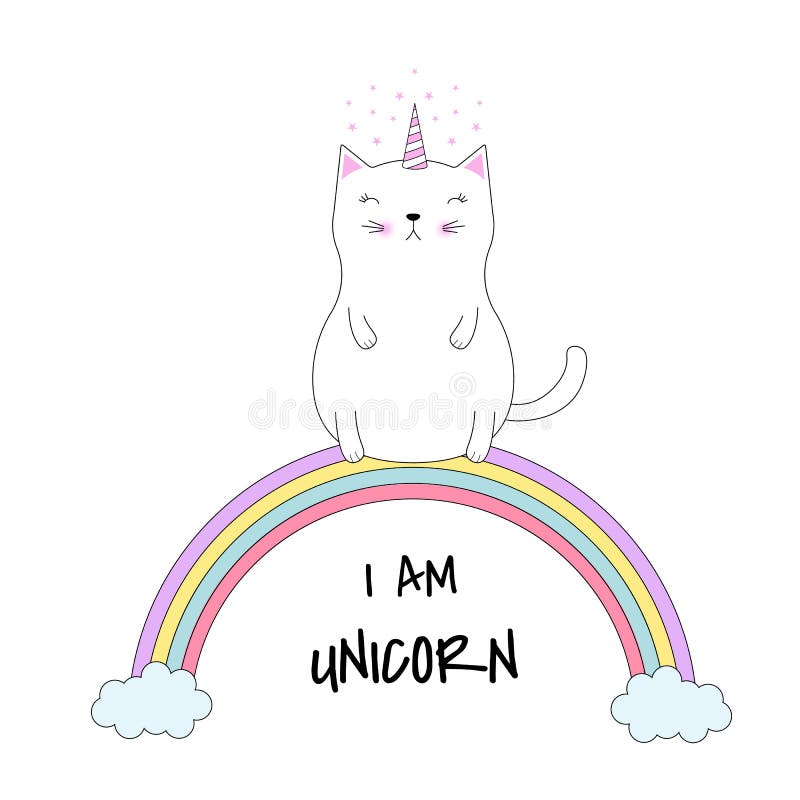 Cute Cat Unicorn Sits On Colorful Rainbow Stock Vector Illustration