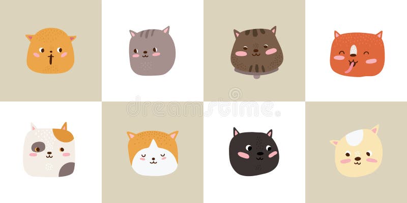 Cute cats. Cartoon cat heads, kitten faces cards set. Flat adorable pets, baby stickers with animals vector collection