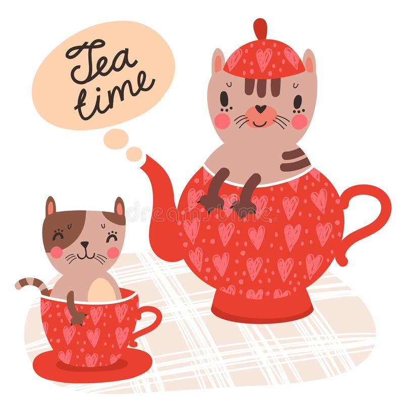 Cute Cats With A Cup Of Tea And Teapot Stock Vector Image 64078788