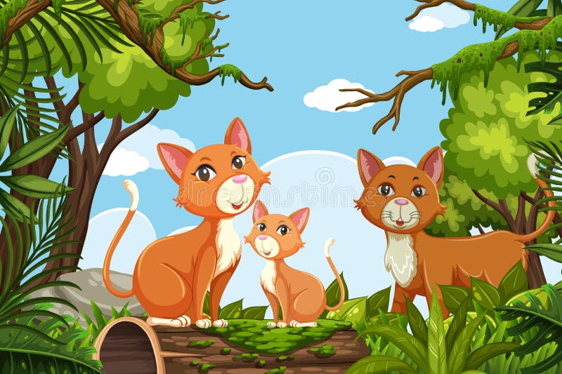 Cute cats in jungle scene stock vector. Illustration of stump - 172975564