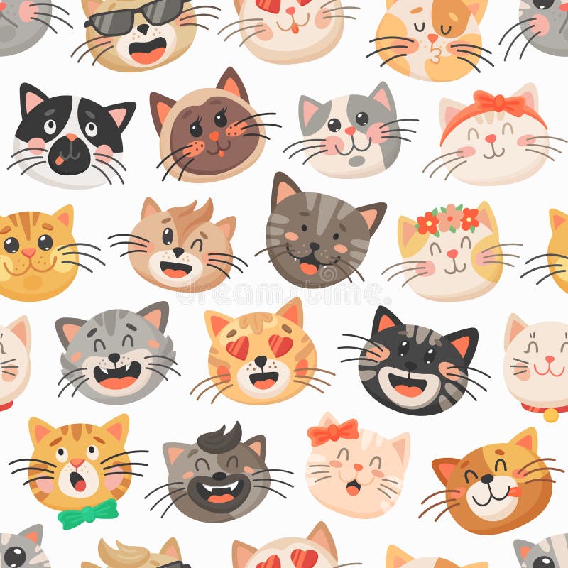 Cute cats vector seamless pattern, kitten muzzles