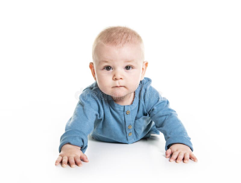 Cute cheerful crawling baby boy isolated on white background