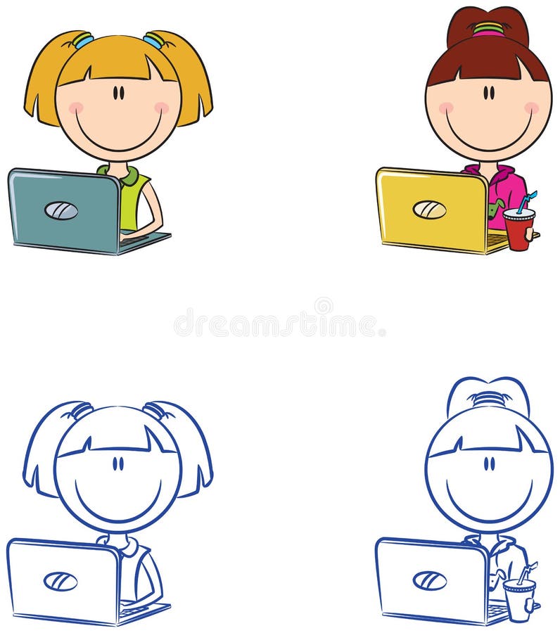 Cute cheerful girls with laptops