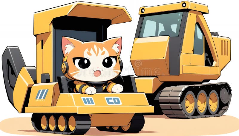 Cute Chibi Cat Operując Żółty Buldożer : Animacja 2D stylu japońskiego Kawaii ilustracji