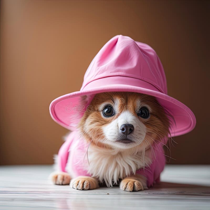 Cute Chihuahua Dog in Pink Hat on the Floor. Ai Generated Stock
