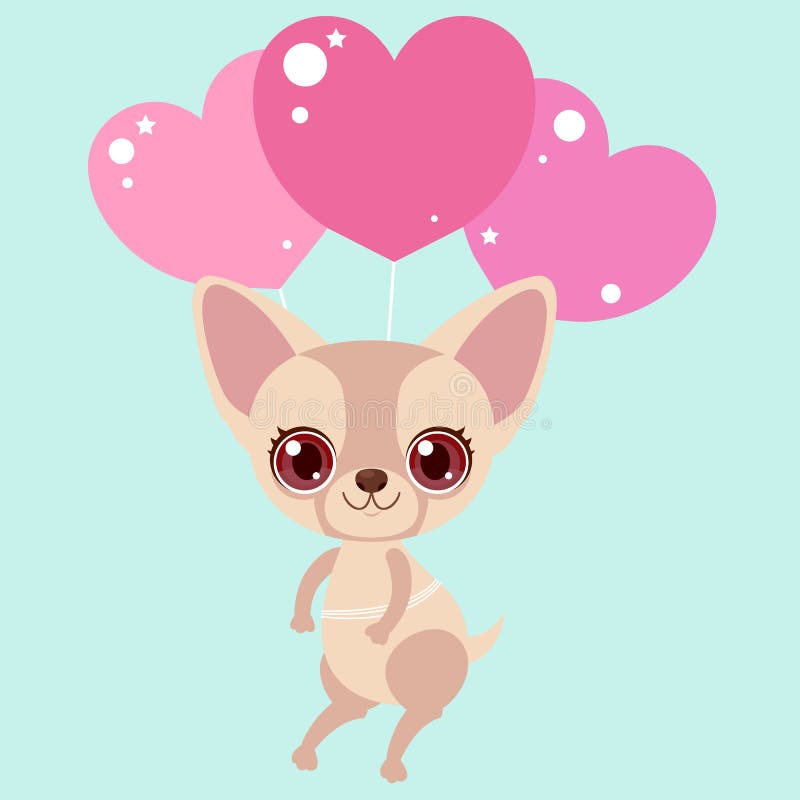 Cute chihuahua flying on balloons - hearts. Funny sticker for a gift. Character for birthday or valentine`s day. vector illustration Cute chihuahua flying on balloons - hearts. Funny sticker for a gift. Character for birthday or valentine`s day. vector illustration