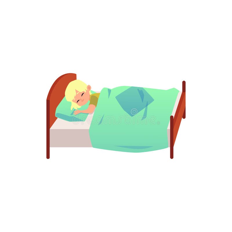 Cute Child Cartoon Character Sleeping in Bed Flat Vector Illustration