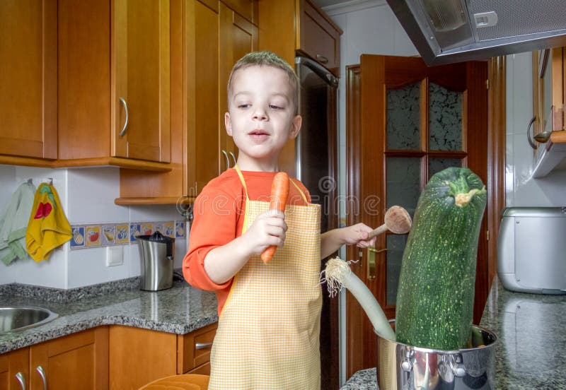 Cute Child Chef Cooking Big Zucchini in a Pot Stock Image Image of