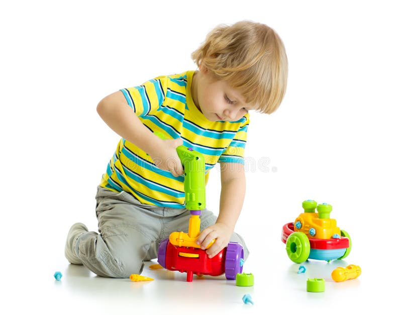 Cute Child Playing with Educational Isolated on White Background. Stock