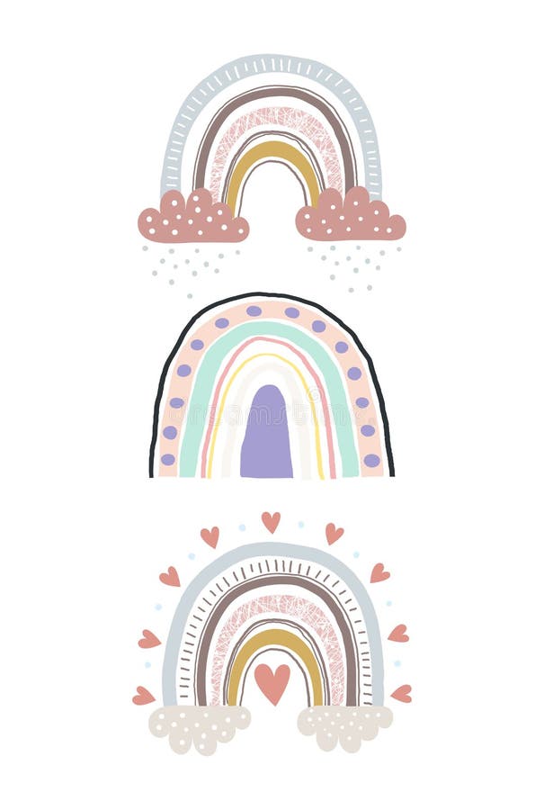 Cute childish illustrations with abstract full color rainbow. Set of rainbows in vintage pastel colors with hearts and