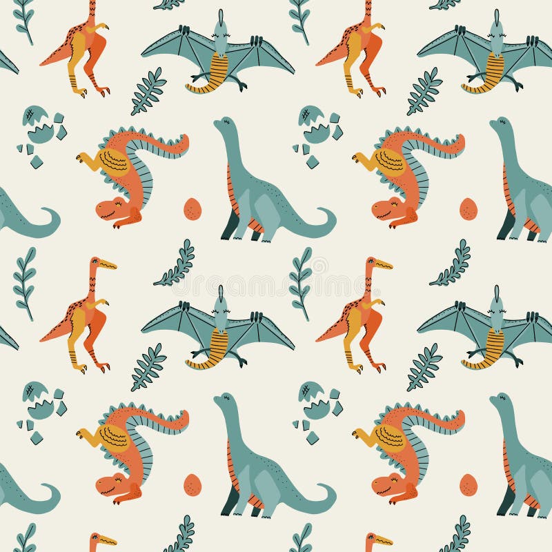 Cute childish seamless vector pattern with dinosaurs t-rex with eggs, decor. Funny cartoon dino pterodactyl. Hand drawn doodle stock photos Cute childish seamless vector pattern with dinosaurs t-rex with eggs, decor. Funny cartoon dino pterodactyl. Hand drawn doodle stock photos