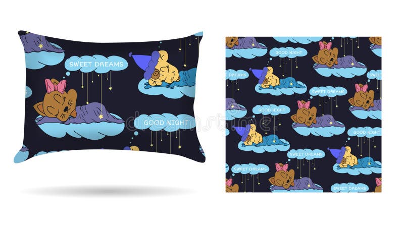 Cute children Decorative pillow with patterned pillowcase in cartoon style children are sleeping on the clouds. Isolated on white.