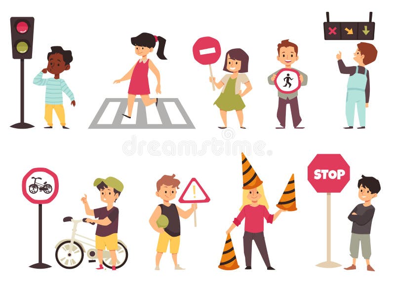 Cute Children Learning Traffic Rules, Flat Vector Illustration Isolated