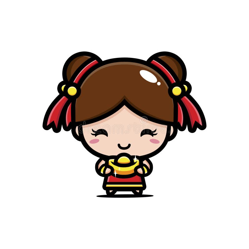 Cute Chinese Girl Cartoon Character Carrying Gold Stock Vector -  Illustration of font, face: 208775233
