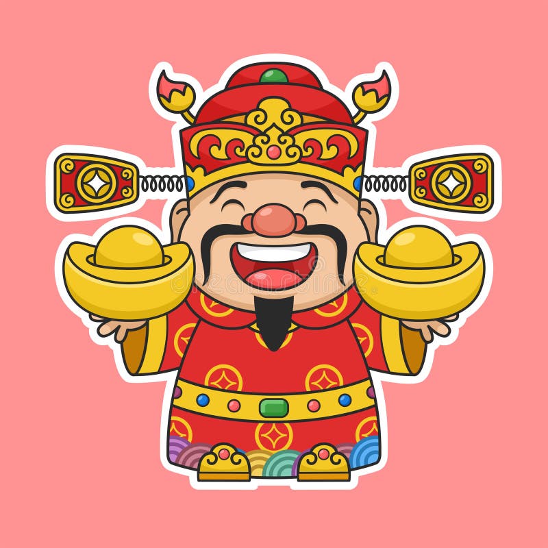 Cute Chinese New Year Fortune God Holding Two Gold Money Stock Vector