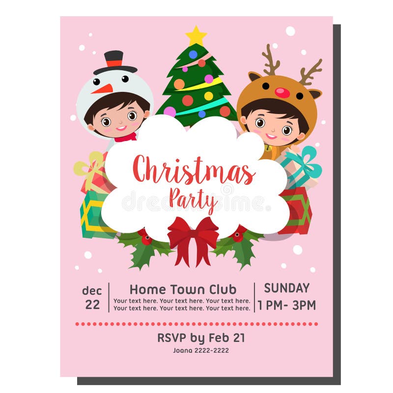 Cute Christmas Party Invitation Card Kids Costume Reindeer and Snowman ...