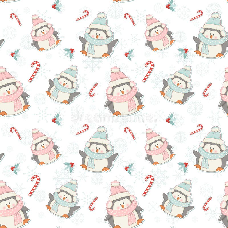 Carino Natale pinguini seamless pattern con le canne di caramella, piante di agrifoglio e fiocchi di neve.