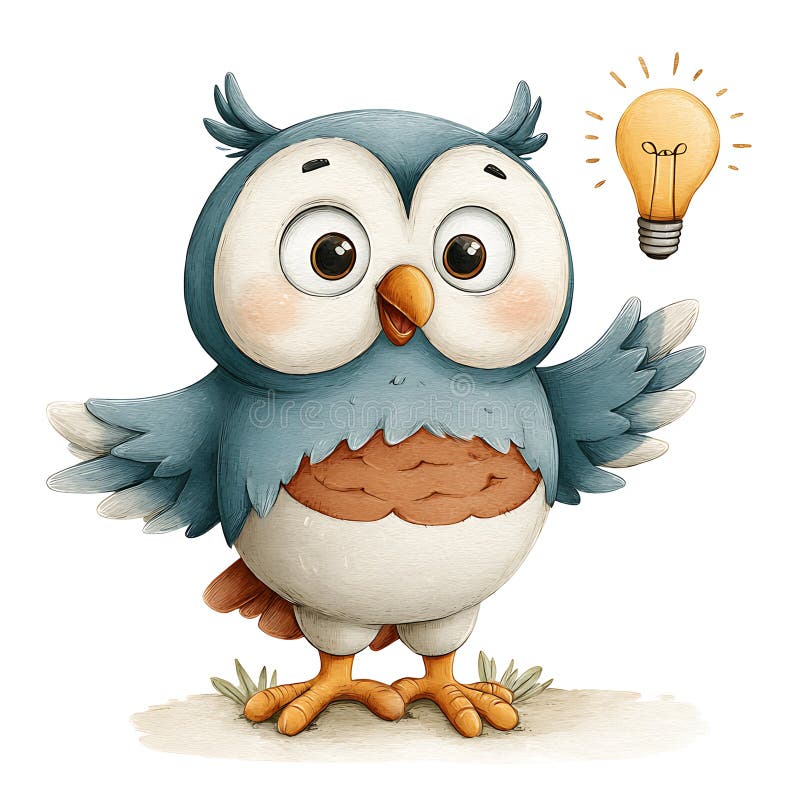 Cute Chubby Cartoon Owl with Lightbulb Idea Illustration vector illustration
