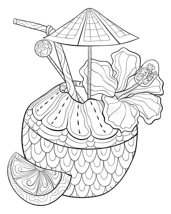 Adult coloring book,page a cute coconut juice image for relaxing activity.