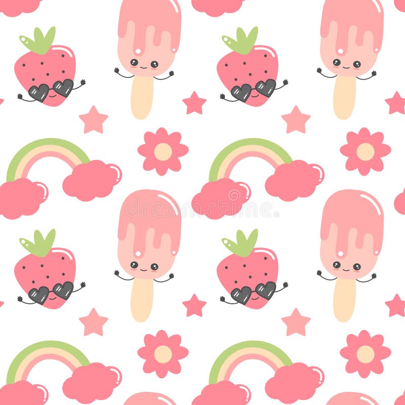 Cute colorful cartoon hand drawn seamless vector pattern background illustration with ice cream, strawberry, flowers, rainbow and