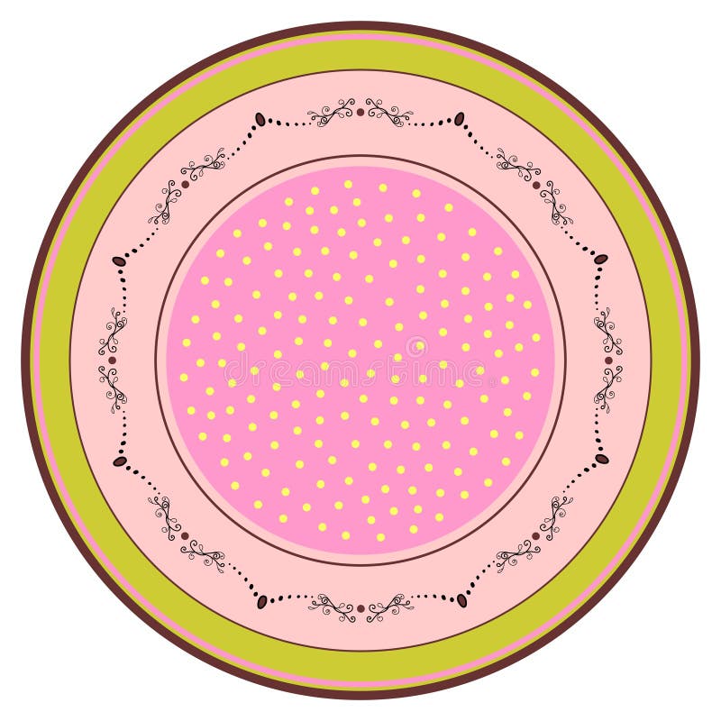 Cute colorful circular abstract pattern. Plate with stripes and patterns. Vector with various pink, burgundy and black elements on green and pink background. For porcelain, exquisite kitchenware.