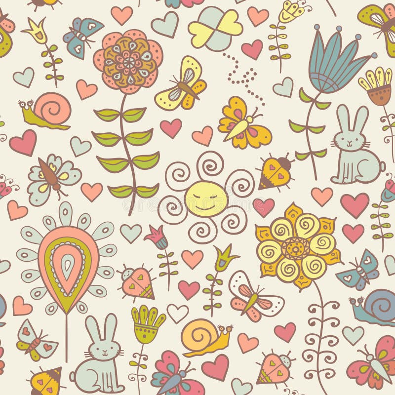 Cute colorful floral seamless pattern with butterf