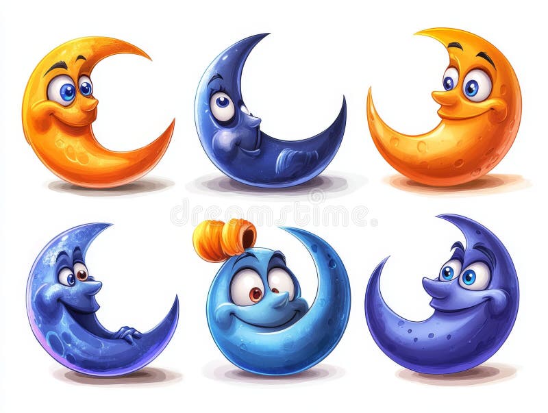 Charming lunar cycle characters showcase different moon phases with playful expressions and colors, representing joy and royalty free stock image