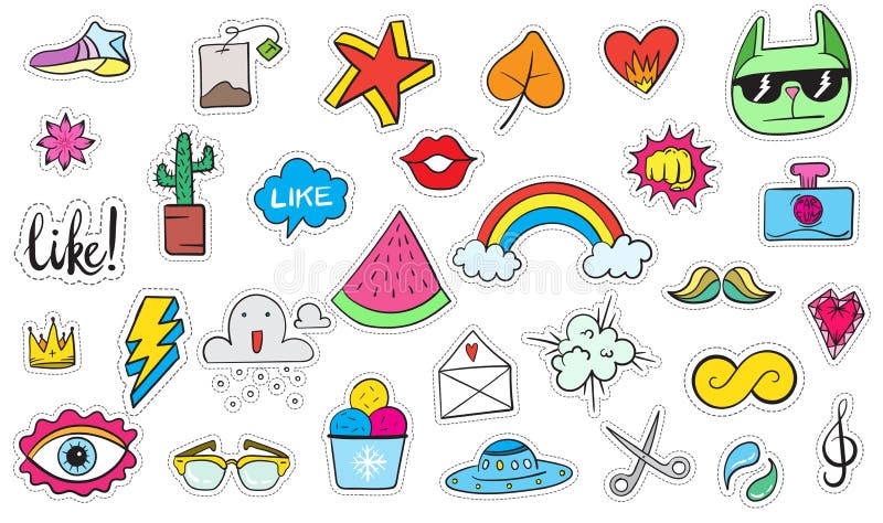 Cute Colorful Modern Patch Set. Fashion Patches. Cartoon 80`s - 90`s ...