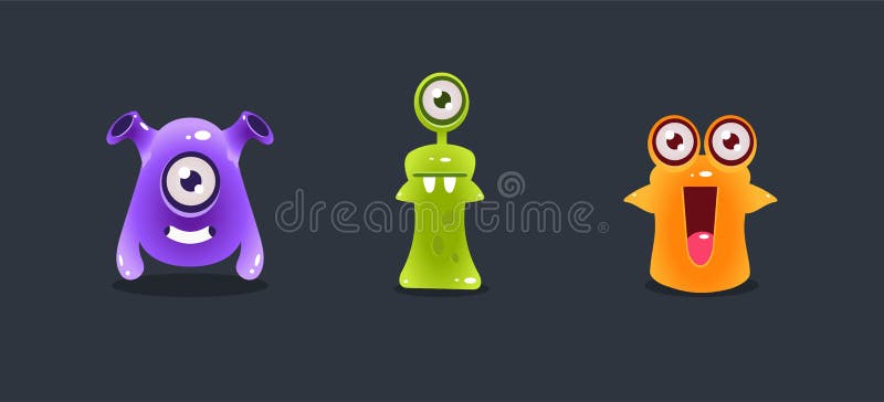 Cute colorful monsters, funny cartoon aliens, game user interface element for video computer games vector Illustration stock illustration