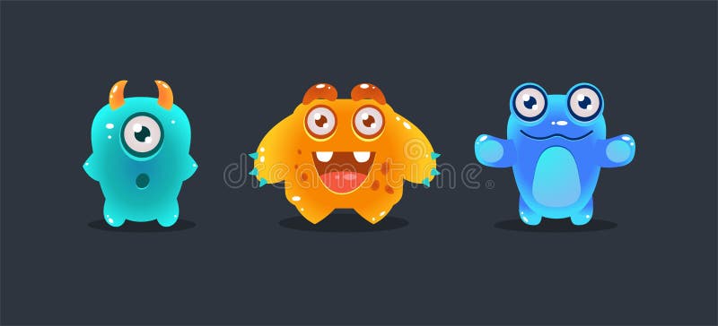 Cute colorful monsters, funny cartoon glossy aliens, game user interface element for video computer games vector royalty free illustration