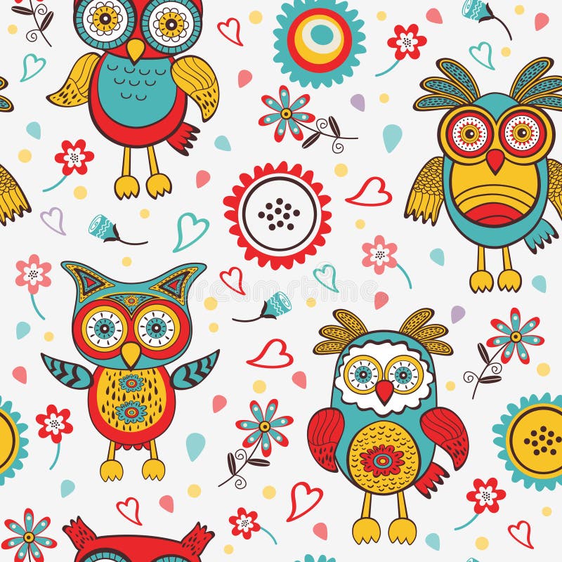 Cute colorful pattern with owls and flowers