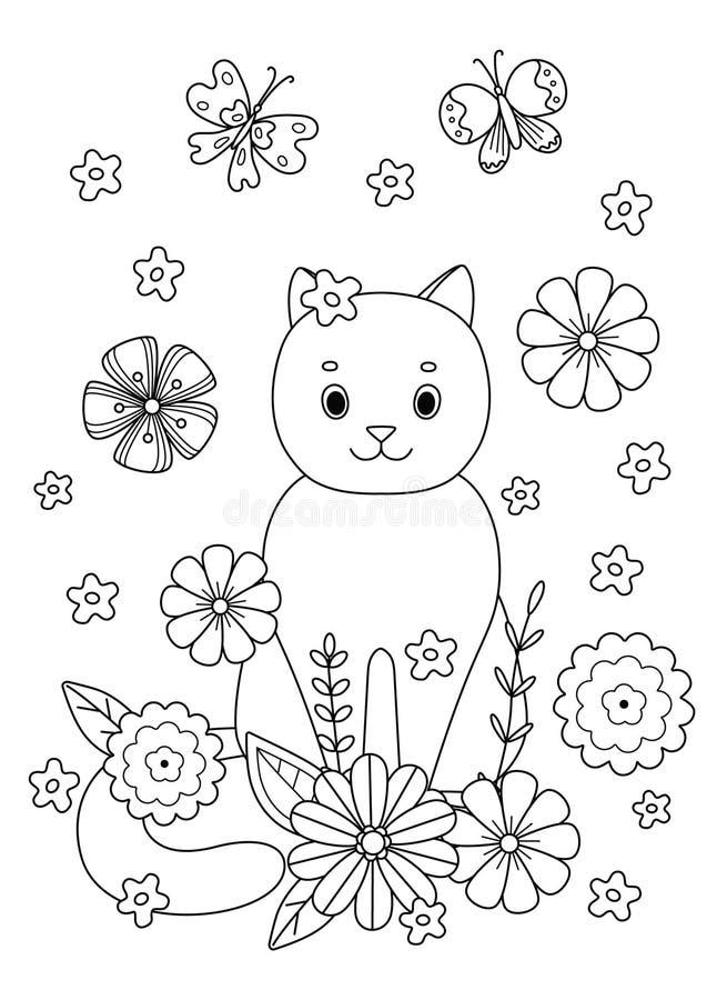 Cute Coloring Book with Cat in Flowers. Stock Vector - Illustration of ...