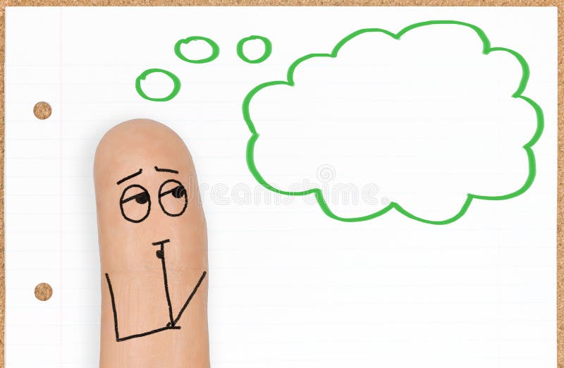 Thoughtful little Finger Face person with blank thinking bubble for copy space. Thoughtful little Finger Face person with blank thinking bubble for copy space