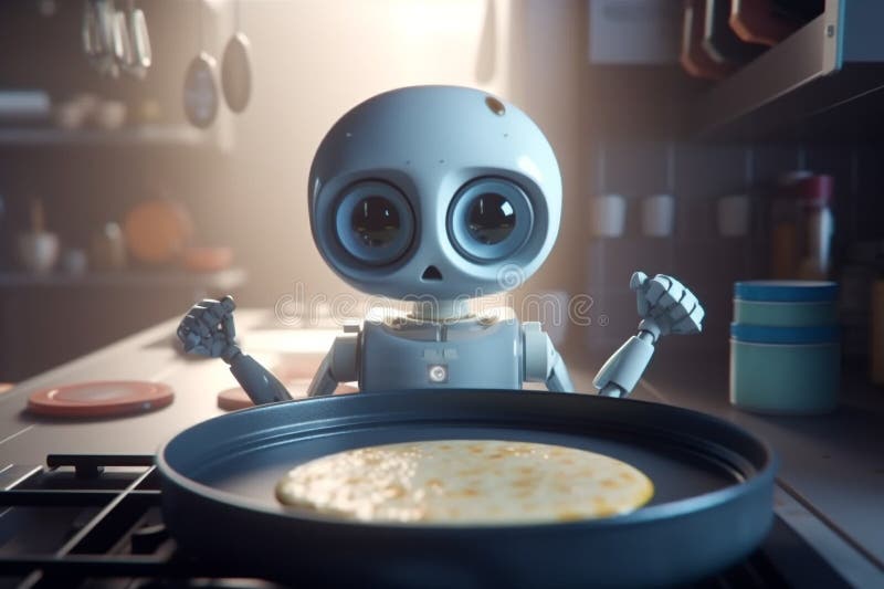 Cute Confused Robot Trying To Make Breakfast, Pancakes. Artificial
