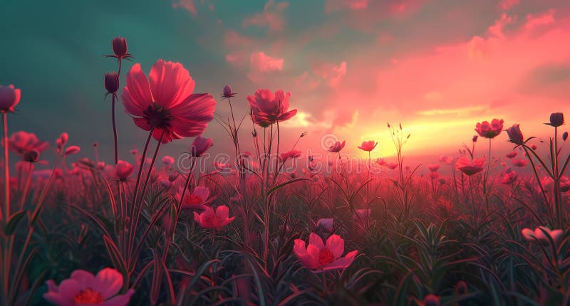 Cute cosmos in the field evening sky vector illustration