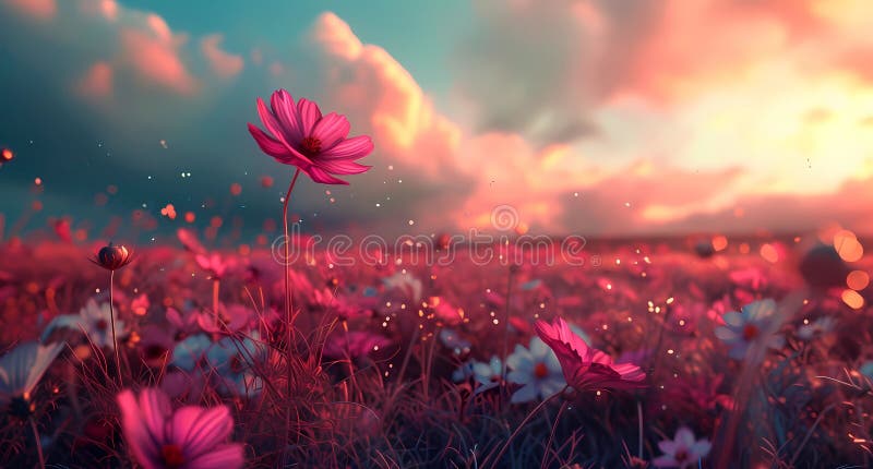 Cute cosmos in the field with pink evening sky royalty free illustration