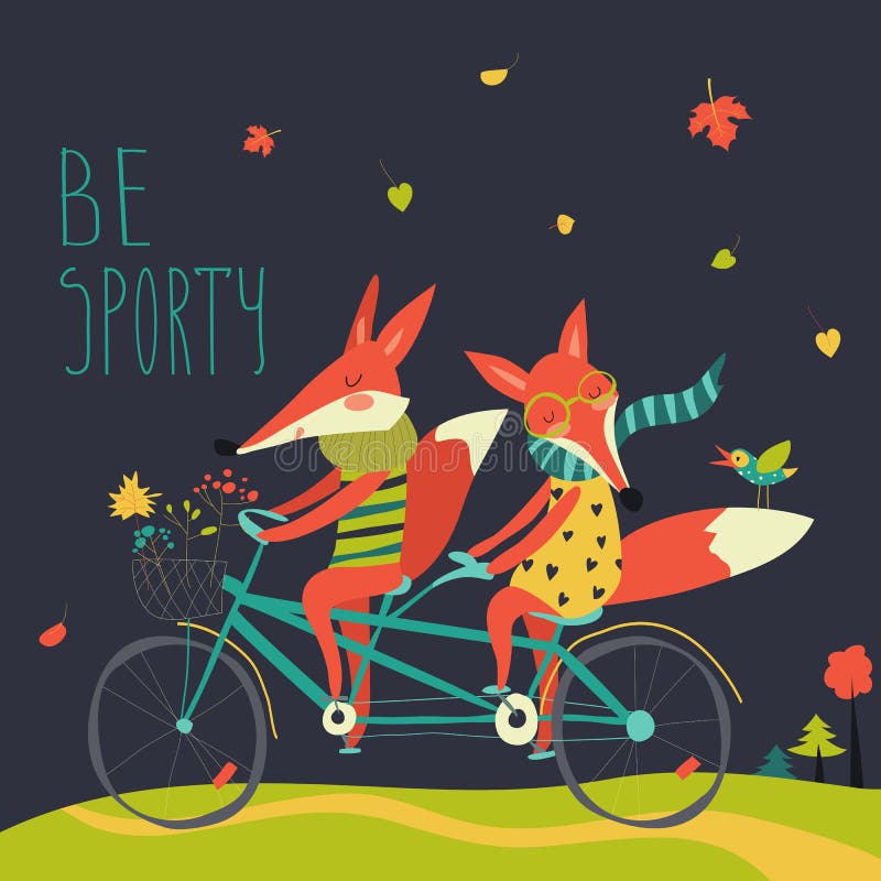Cute couple foxes ride tandem bicycle stock illustration