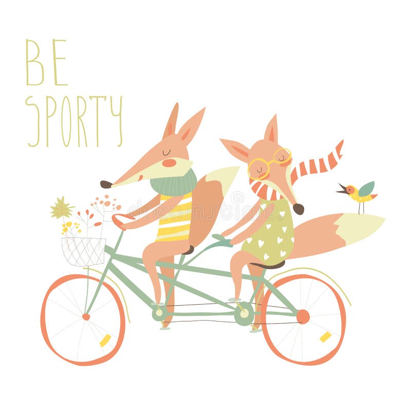 Cute couple foxes ride tandem bicycle vector illustration