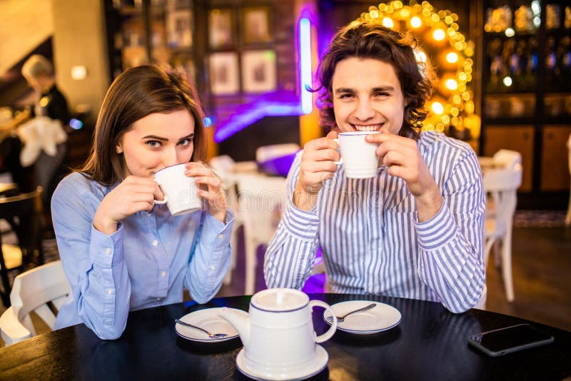 326 Happy Friends Having Coffee Together Laughing Young Couple Cafe