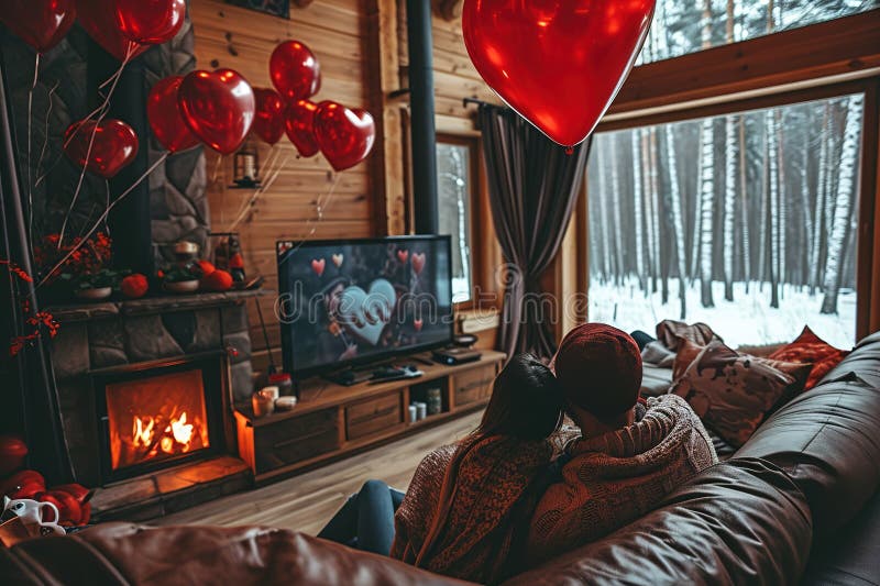 A cute couple in a large wooden house decorated with red heart-shaped balloons. for Valentine&x27;s Day